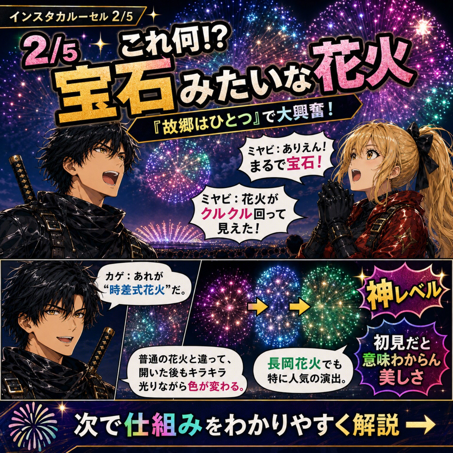 宝石のように輝くマルゴー花火を紹介するカード
